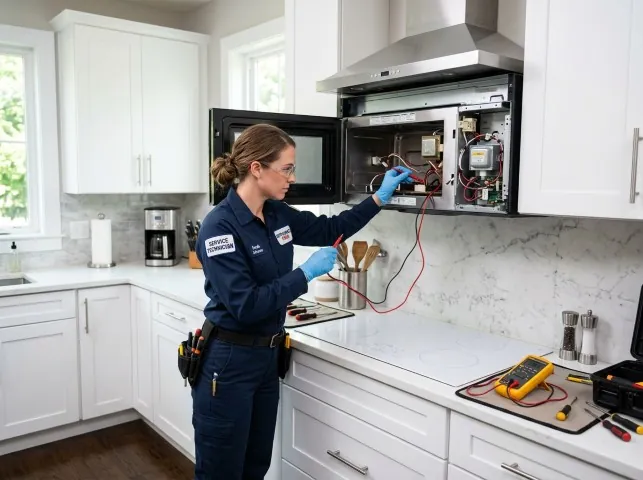 Appliance Repair Hero technician testing an over-the-range microwave in a Bladensburg, OH kitchen